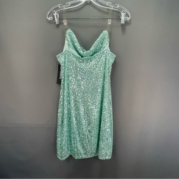 BEBE mint colour sequin slip dress draped midi with clear straps clubbing mini - Picture 6 of 12